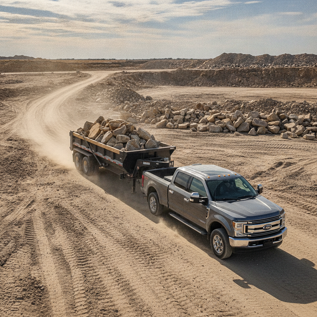 Rock Hauling using Trailer and pickup no people faces